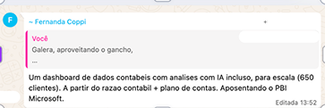 Depoimento de Fernanda Coppi: dashboard de dados contábeis com análises de IA para 650 clientes, aposentando o Power BI