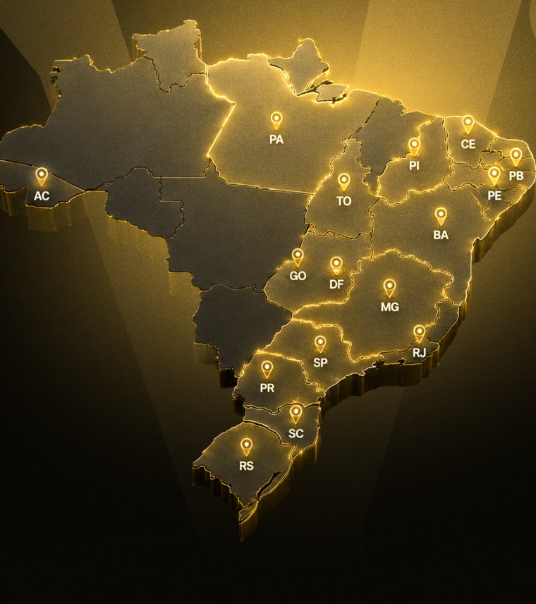 Mapa do Brasil destacando os 15 estados e o Distrito Federal onde a Winner.IA atende empresas